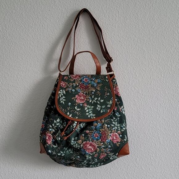 FLORAL Purse Boho Hippie Shoulder Style Adjustable Strap Size Large Dark Green - Picture 1 of 7